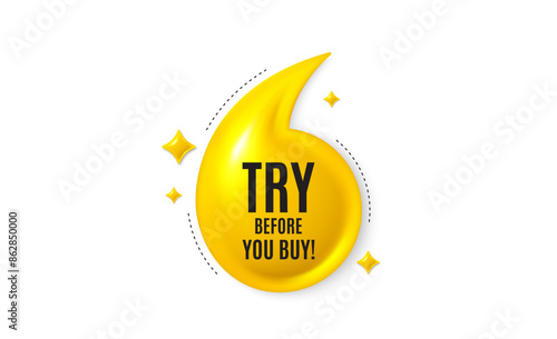 Offer 3d quotation banner. Try before you buy tag. Special offer price sign. Advertising discounts symbol. Try before you buy quote message. Yellow quotation comma banner. Vector