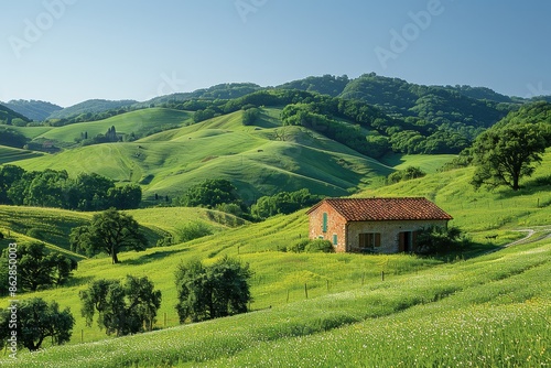 A peaceful countryside scene with rolling hills, a small farmhouse, and a clear blue sky. 