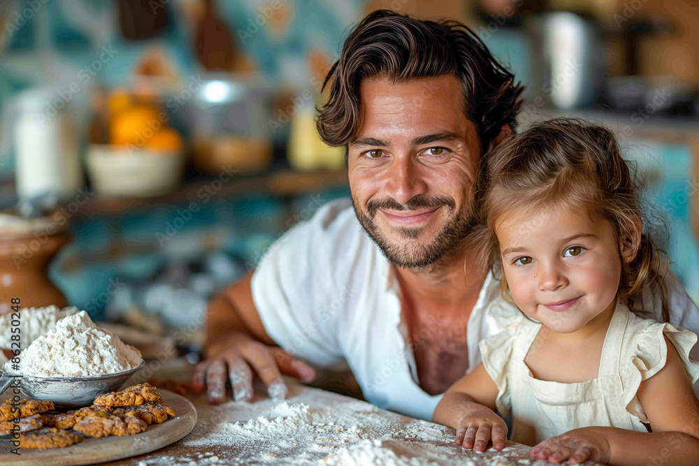 Father and his small daughter enjoy baking cookies together in a warm, cozy kitchen, sharing smiles and fun moments Father and his small daughter enjoy baking cookies together in a warm, cozy kitchen, sharing smiles and fun moments