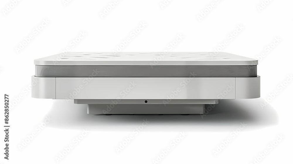 The modern IKEA bed frame with a low profile and white laminated finish, front side, isolated white background The modern IKEA bed frame with a low profile and white laminated finish, front side, isolated white background