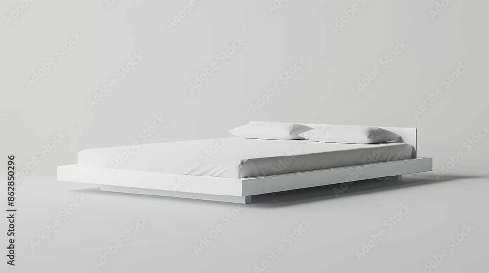 The modern IKEA bed frame with a low profile and white laminated finish, front side, isolated white background The modern IKEA bed frame with a low profile and white laminated finish, front side, isolated white background