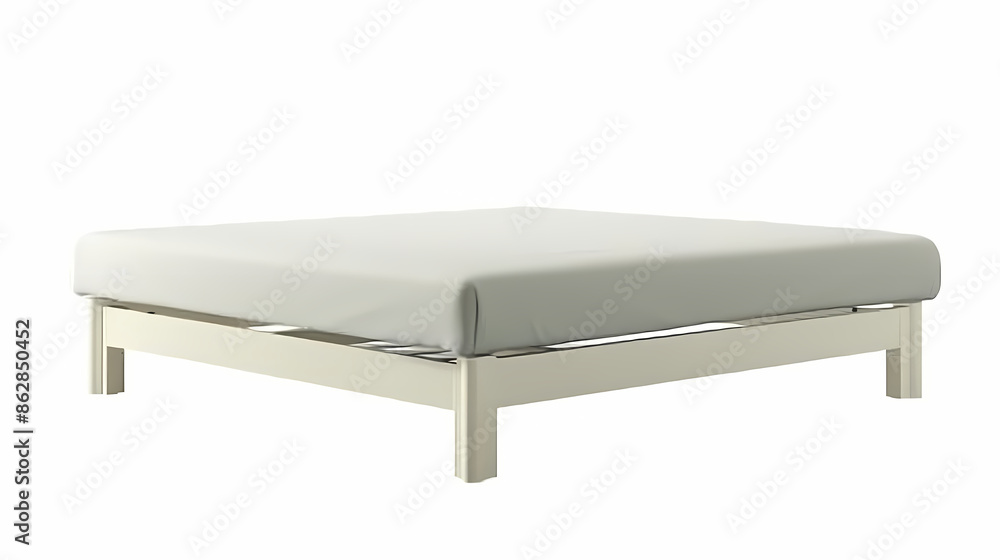 The modern IKEA bed frame with a low profile and white laminated finish, front side, isolated white background The modern IKEA bed frame with a low profile and white laminated finish, front side, isolated white background