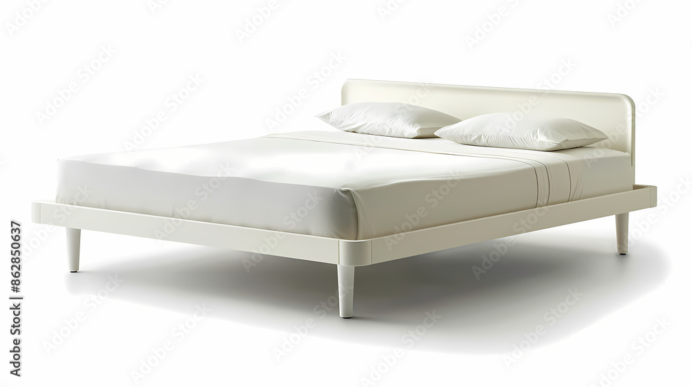 Minimalist style bed and white laminated finish, front side, isolated white background Minimalist style bed and white laminated finish, front side, isolated white background