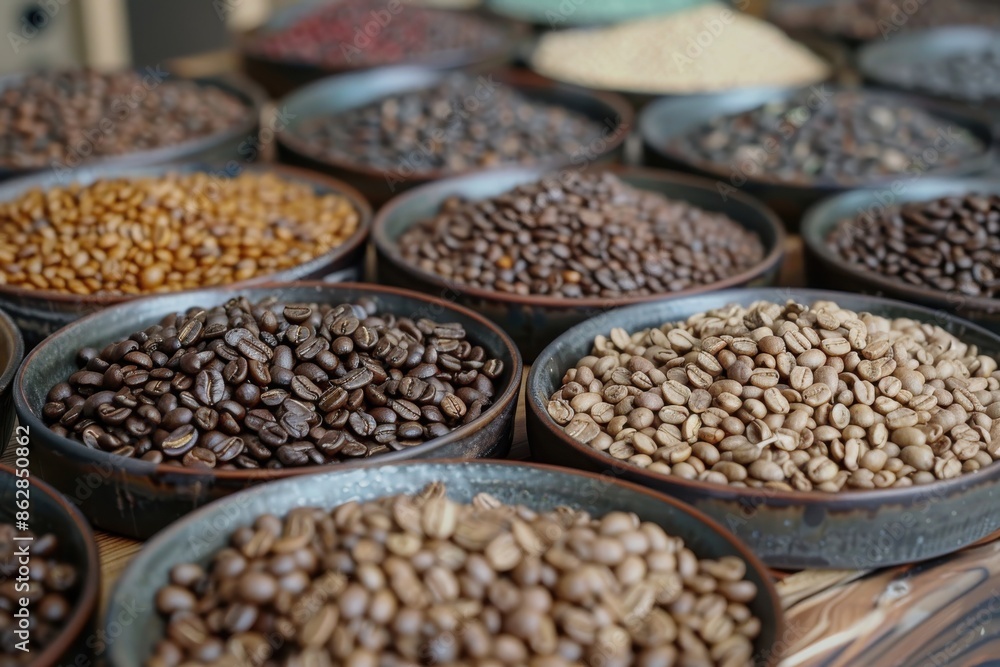 A diverse collection of coffee beans for brewing: explore various flavors and aromas on display. Ai technology in action A diverse collection of coffee beans for brewing: explore various flavors and aromas on display. Ai technology in action