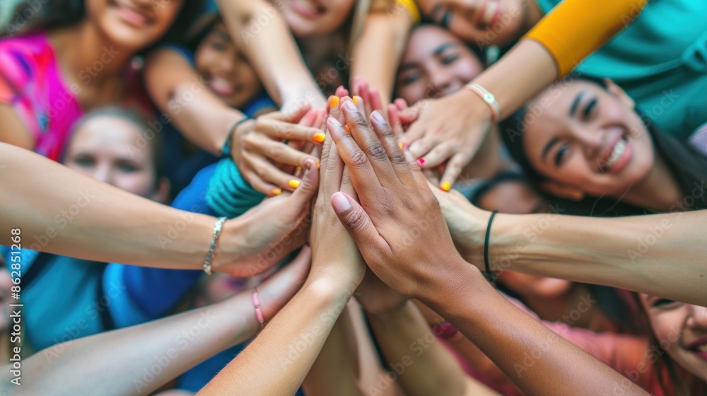 Fototapeta premium A group of diverse friends forms a circle, their hands stacked in the center, expressing unity and joy