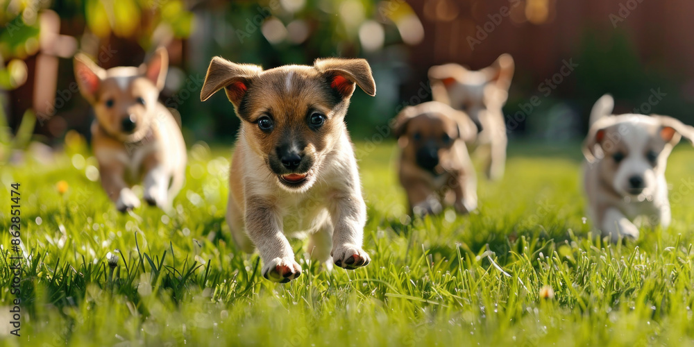 Five playful puppies running through the grass in a backyard Five playful puppies running through the grass in a backyard