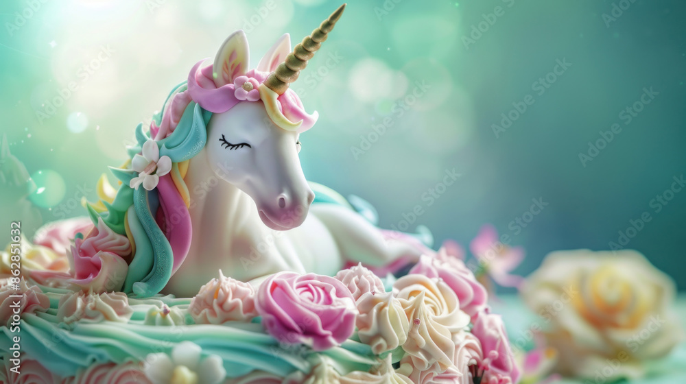 A white unicorn with a rainbow mane rests on a birthday cake, decorated with pink and white flowers A white unicorn with a rainbow mane rests on a birthday cake, decorated with pink and white flowers