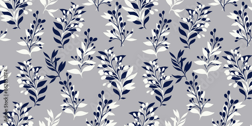 Simple tropical pattern with abstract shape branches leaves on a grey background. Vector hand drawing sketch. Creative unique floral stems light seamless print. Design for fashion, fabric, wallpaper