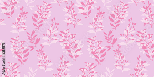 Pastel pink plain pattern with abstract shape branches leaves. Vector hand drawing sketch. Creative unique floral stems seamless print. Design for fashion, fabric, wallpaper, textiles