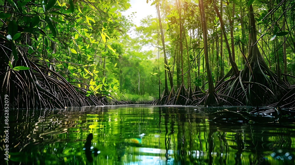 Dense mangrove forest with roots submerged in water reflecting the sky and surrounding greenery Dense mangrove forest with roots submerged in water reflecting the sky and surrounding greenery