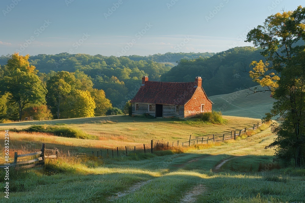 A peaceful countryside scene with rolling hills, a small farmhouse, and a clear blue sky. A peaceful countryside scene with rolling hills, a small farmhouse, and a clear blue sky.