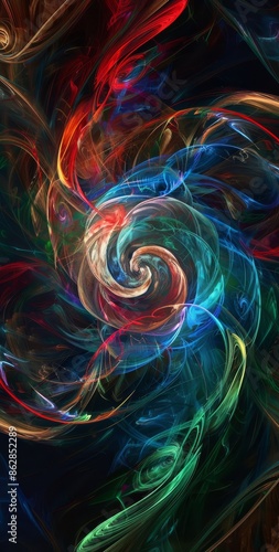 Abstract colorful digital art featuring swirling vibrant patterns and dynamic light streaks