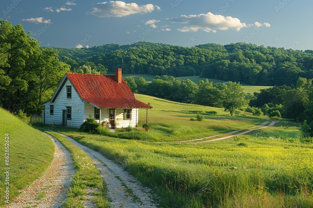 A peaceful countryside scene with rolling hills, a small farmhouse, and a clear blue sky. A peaceful countryside scene with rolling hills, a small farmhouse, and a clear blue sky.