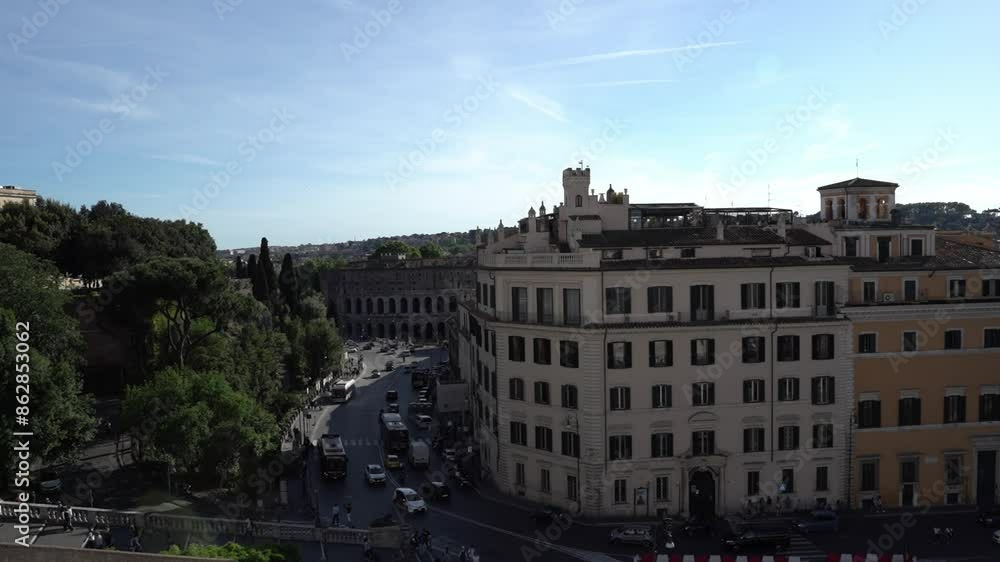 Top View Video of Walking Tourist and Passing Car and Bus in Piazza Venezia, Rome, Italy. Sunny Day. 4K Footage. Travelling Concept Top View Video of Walking Tourist and Passing Car and Bus in Piazza Venezia, Rome, Italy. Sunny Day. 4K Footage. Travelling Concept