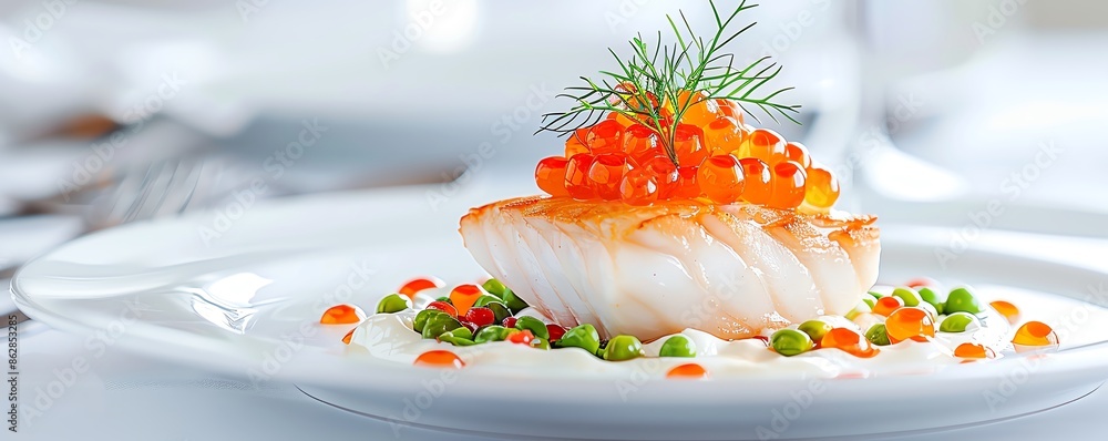 Gourmet dish with a delicate fillet topped with orange caviar, garnished with greens, served on an elegant white plate. Gourmet dish with a delicate fillet topped with orange caviar, garnished with greens, served on an elegant white plate.