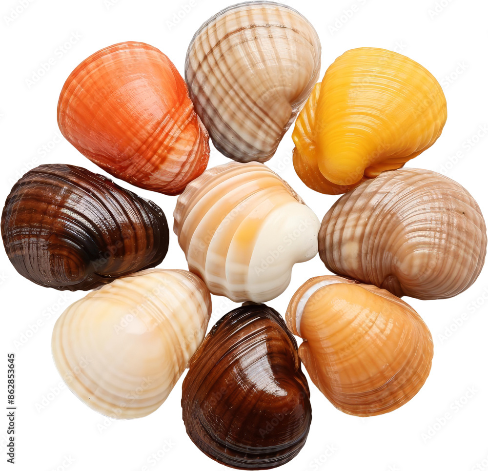 Close-up of vibrant, multicolored seashells arranged in a circle, showcasing intricate patterns and textures, perfect for beach-themed designs. Close-up of vibrant, multicolored seashells arranged in a circle, showcasing intricate patterns and textures, perfect for beach-themed designs.