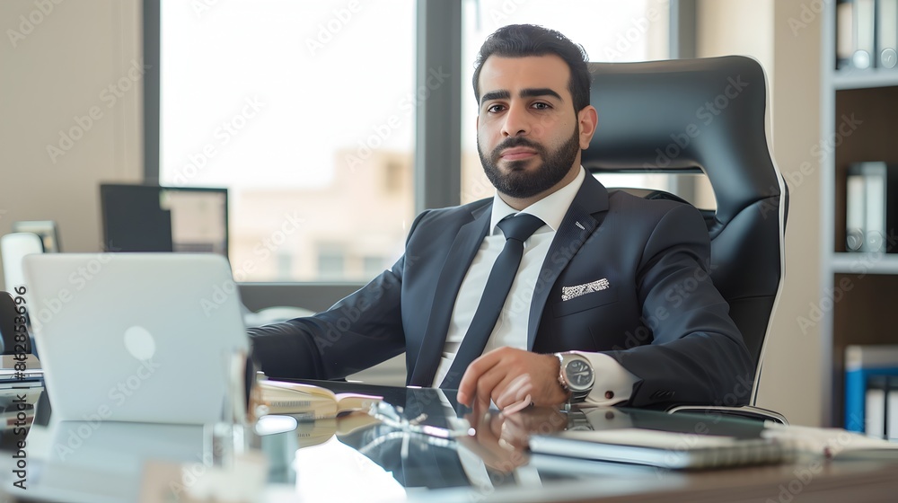 Confident Business Executive Working on Laptop in Office Confident Business Executive Working on Laptop in Office