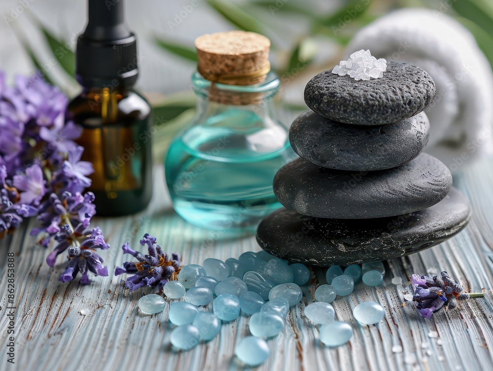 Beauty treatment items for spa procedures on white wooden table. Lavender essential oils, hot stones, and Himalayan pink salt. Copy space. Beauty treatment items for spa procedures on white wooden table. Lavender essential oils, hot stones, and Himalayan pink salt. Copy space.