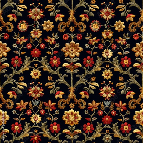 Elegant traditional mexican floral embroidery pattern on a sophisticated black background