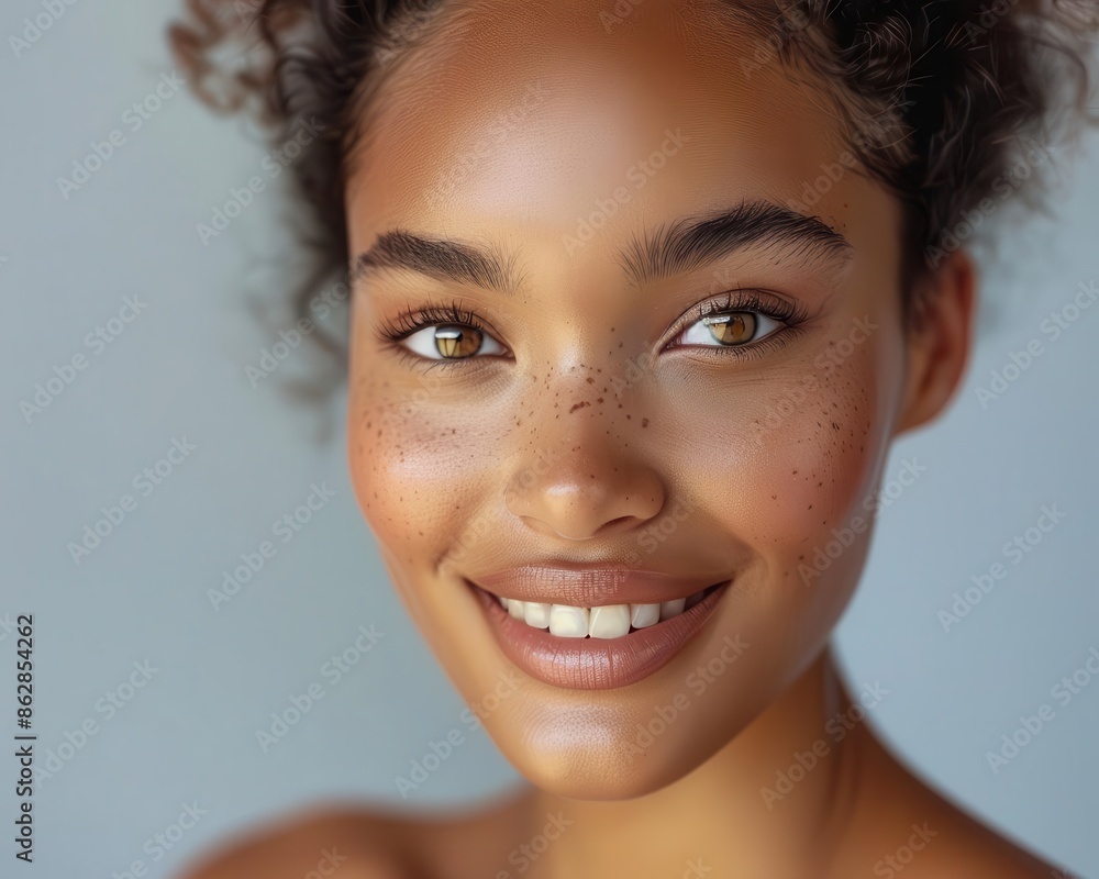 A model black woman in studio on a gray background promotes natural skincare, exuding beauty and satisfaction. She is happy with cosmetics and radiates wellness and makeup. A model black woman in studio on a gray background promotes natural skincare, exuding beauty and satisfaction. She is happy with cosmetics and radiates wellness and makeup.
