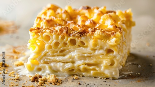 Close-up of creamy baked pasta with golden cheese crust photo