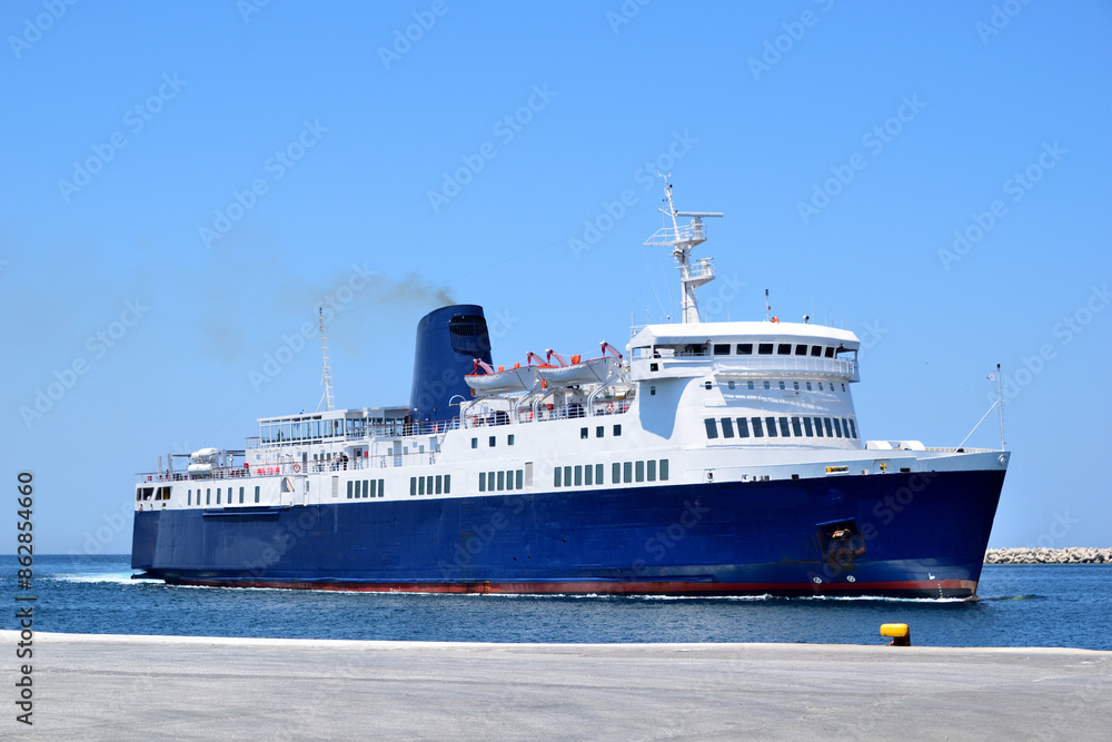 Big tall ship - ferryboat at entrance in port - Myrina, Lemnos island, Greece, aegean sea Big tall ship - ferryboat at entrance in port - Myrina, Lemnos island, Greece, aegean sea