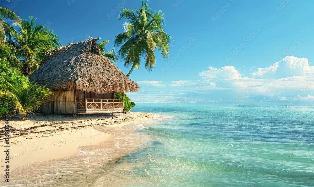 A tropical beach with a thatched roof hut A tropical beach with a thatched roof hut
