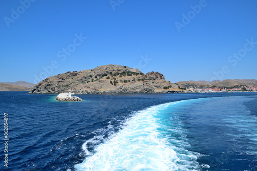 on my way - seascape - the ship's wake (backwater, swirl), a lot of blue at port departure - Myrina town, Lemnos island, Greece, aegean sea