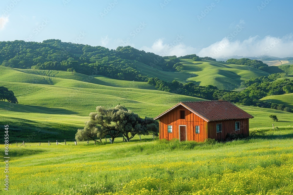 A peaceful countryside scene with rolling hills, a small farmhouse, and a clear blue sky. A peaceful countryside scene with rolling hills, a small farmhouse, and a clear blue sky.