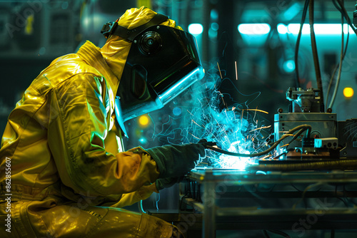 a man wearing a protective suit welding sparks