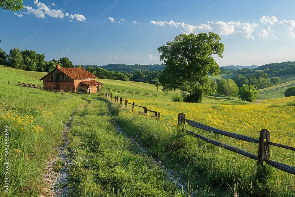 Obraz premium A peaceful countryside scene with rolling hills, a small farmhouse, and a clear blue sky. 