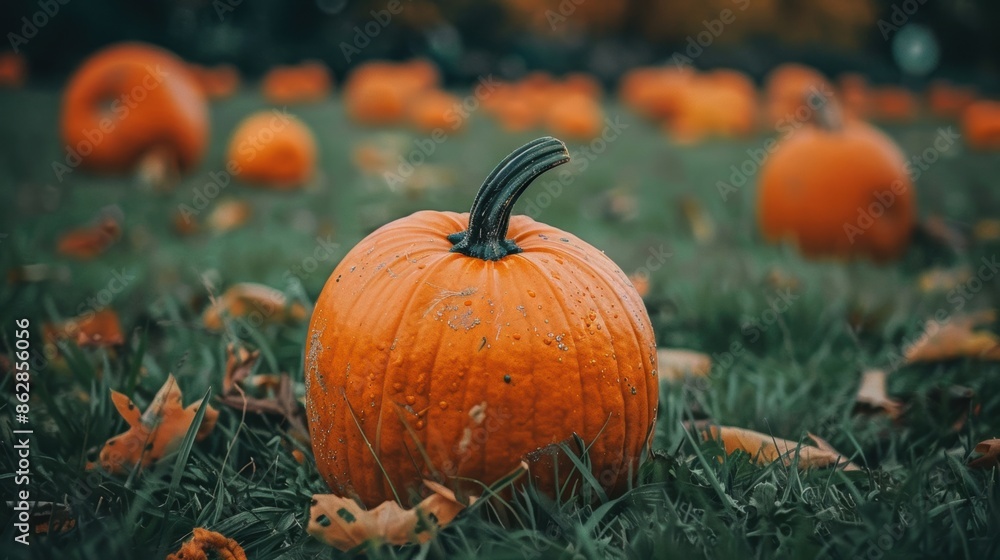 Pumpkin in a grassy field surrounded by fallen leaves, depicting the autumn harvest and seasonal change. Pumpkin in a grassy field surrounded by fallen leaves, depicting the autumn harvest and seasonal change.