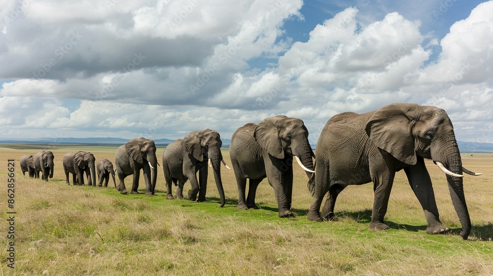 Fototapeta premium Elephant Herd: A group of elephants moving together across the savanna.
