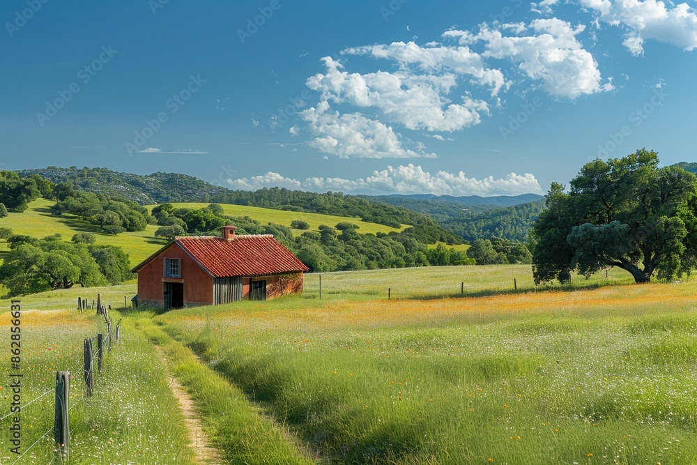 A peaceful countryside scene with rolling hills, a small farmhouse, and a clear blue sky. A peaceful countryside scene with rolling hills, a small farmhouse, and a clear blue sky.