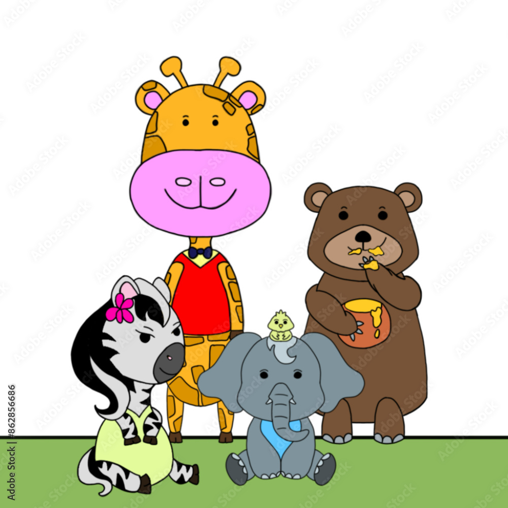 Obraz premium animals set 2. Set of cute wild animals. Consisting of a young giraffe, a young zebra, and a honey-eating bear. And the little elephant has a bird friend.