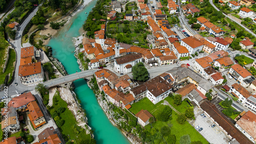 Sunny Day Aerial Photography of Kal na Soci Architecture in Slovenia © marcin jucha