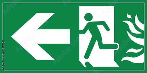 A Man Run to Fire Exit Door Sign with Arrow show direction Left Symbolizing Fire Emergency Evacuation
