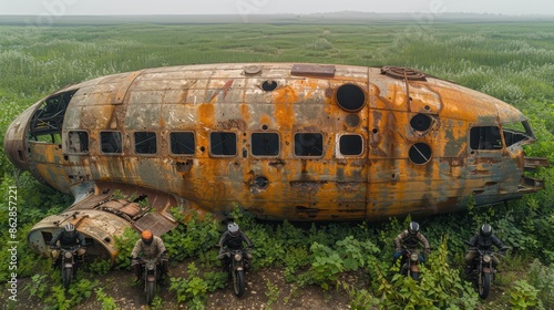 A striking image showing four bikers with helmets gathering near a large, rusted airplane wreck situated in a lush green field, creating a contrast of life and decay. photo