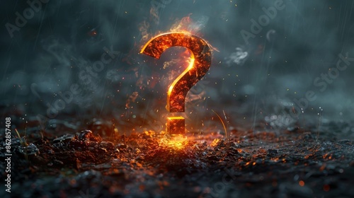 Mysterious fiery question mark symbol surrounded by smoke and ash, symbolizing uncertainty and curiosity in a surreal setting.