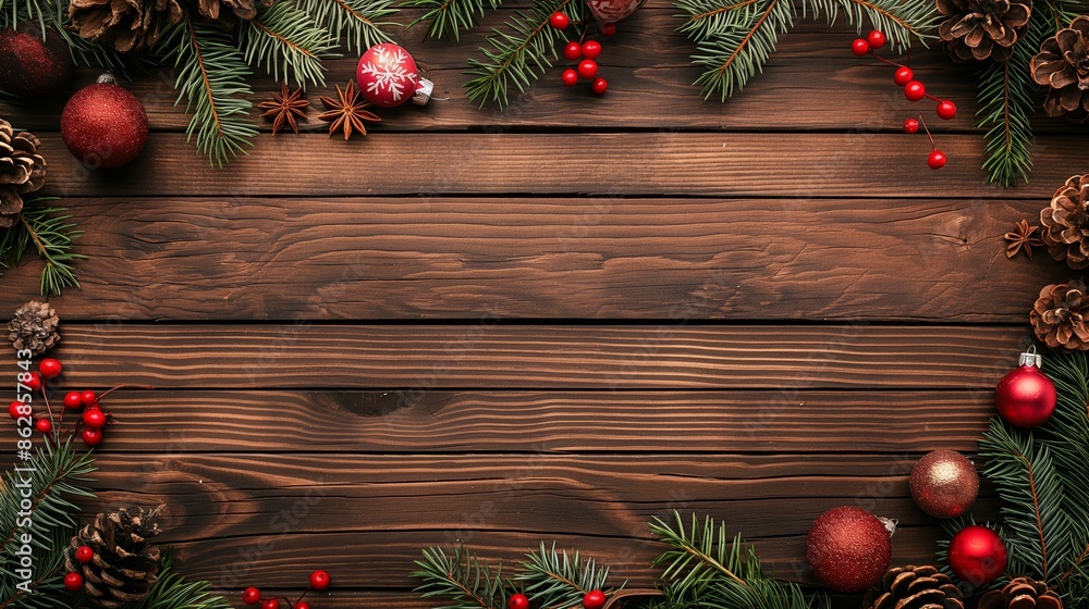 Christmas decorations border with pine branches, red ornaments, pine cones, and berries on a wooden background
Christmas decorations border with pine branches, red ornaments, pine cones, and berries on a wooden background