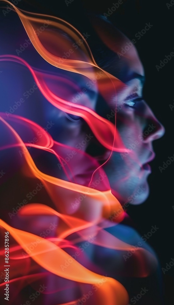 Naklejka premium Colorful abstract portrait of a woman with vibrant light trails in a dark background
