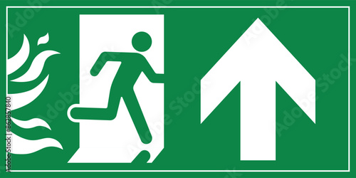 A Man Run to Fire Exit Door Sign with Arrow show direction Up Right Symbolizing Fire Emergency Evacuation Green Symbol
