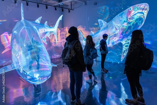 surreal experience of immersive art exhibit with  people interacting with larger-than-life neon blue projections and sculptures of translucent sharks photo