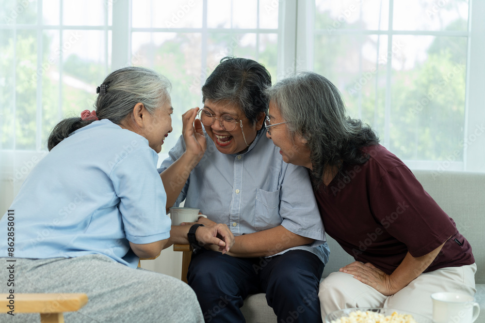 Happy Senior friends group meet and spend leisure time with happy in living room Happy Senior friends group meet and spend leisure time with happy in living room