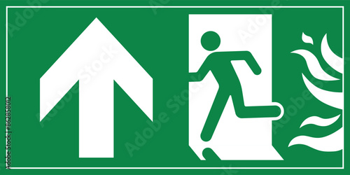 A Man Run to Fire Exit Door Sign with Arrow show direction Up Left Symbolizing Fire Emergency Evacuation Green Symbol