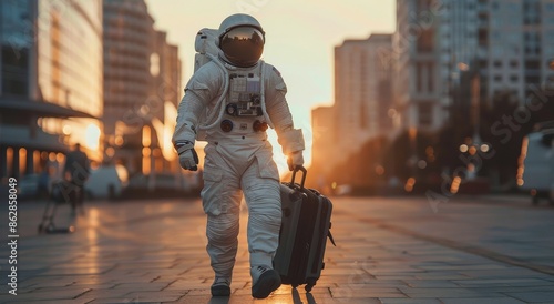 Astronaut Walking With Luggage in Modern City During Golden Hour