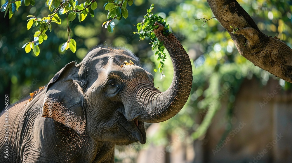 Fototapeta premium Elephant Eating: An elephant pulling leaves from a tree with its trunk.