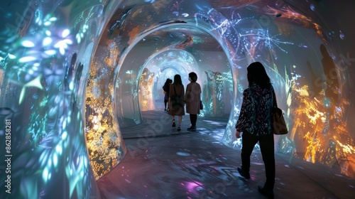 visitors walking through immersive art installation tunnel with metallic translucent ephemeral dreamy vibe and intricate designs filling the space photo