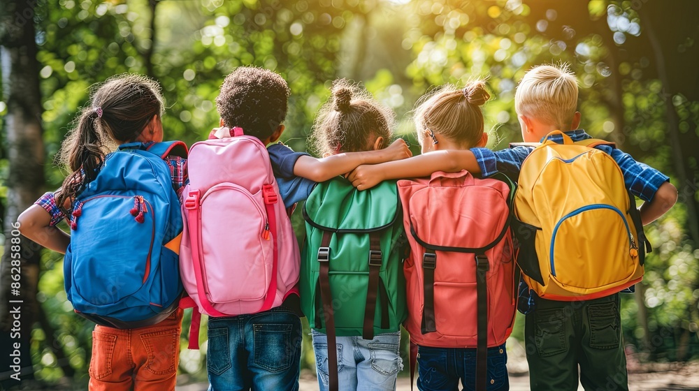 A group of kids with colorful backpacks Hugging together for back to school day. A group of kids with colorful backpacks Hugging together for back to school day.