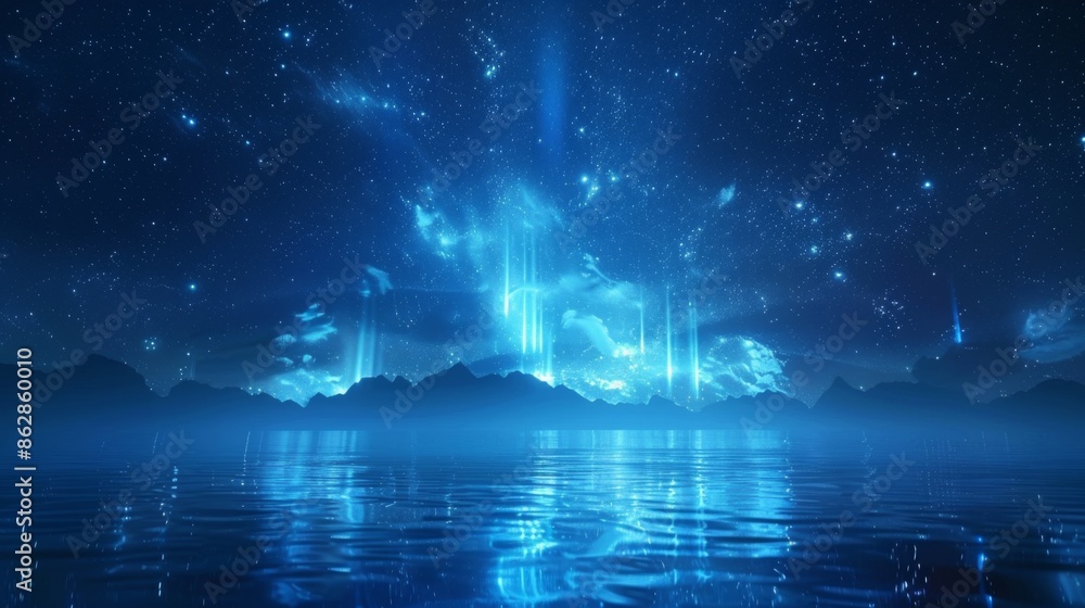 Obraz premium Sapphire Northern Lights Vector Illustration: Glowing Streaks, Starry Sky, Symmetrical Composition with Water Reflection, Digital Art